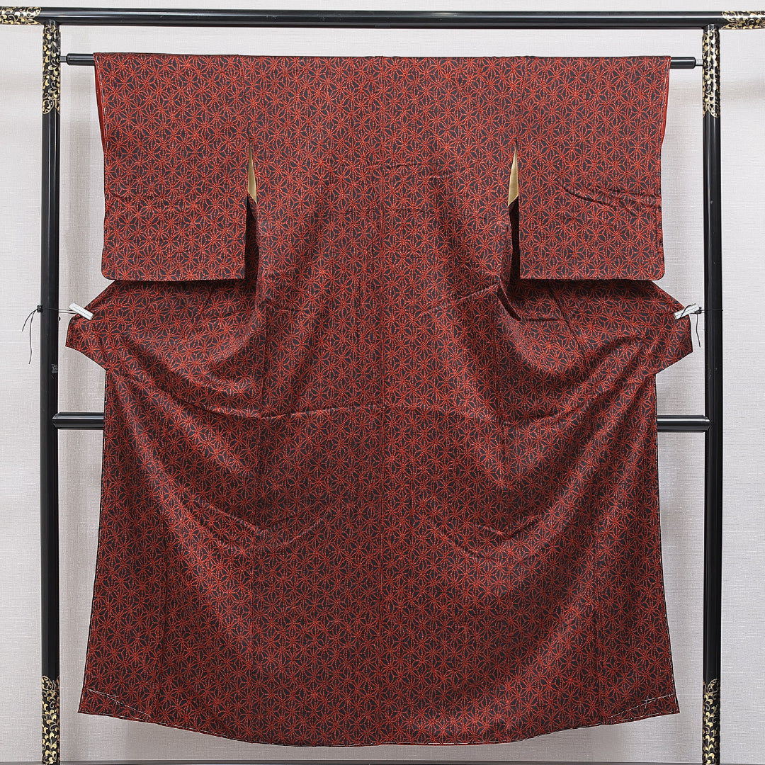 小紋 袷 身丈152cm 裄丈61cm 正絹 Cランク インフォーマル 広衿 Sサイズ 麻の葉 赤系 LP 1221-16418