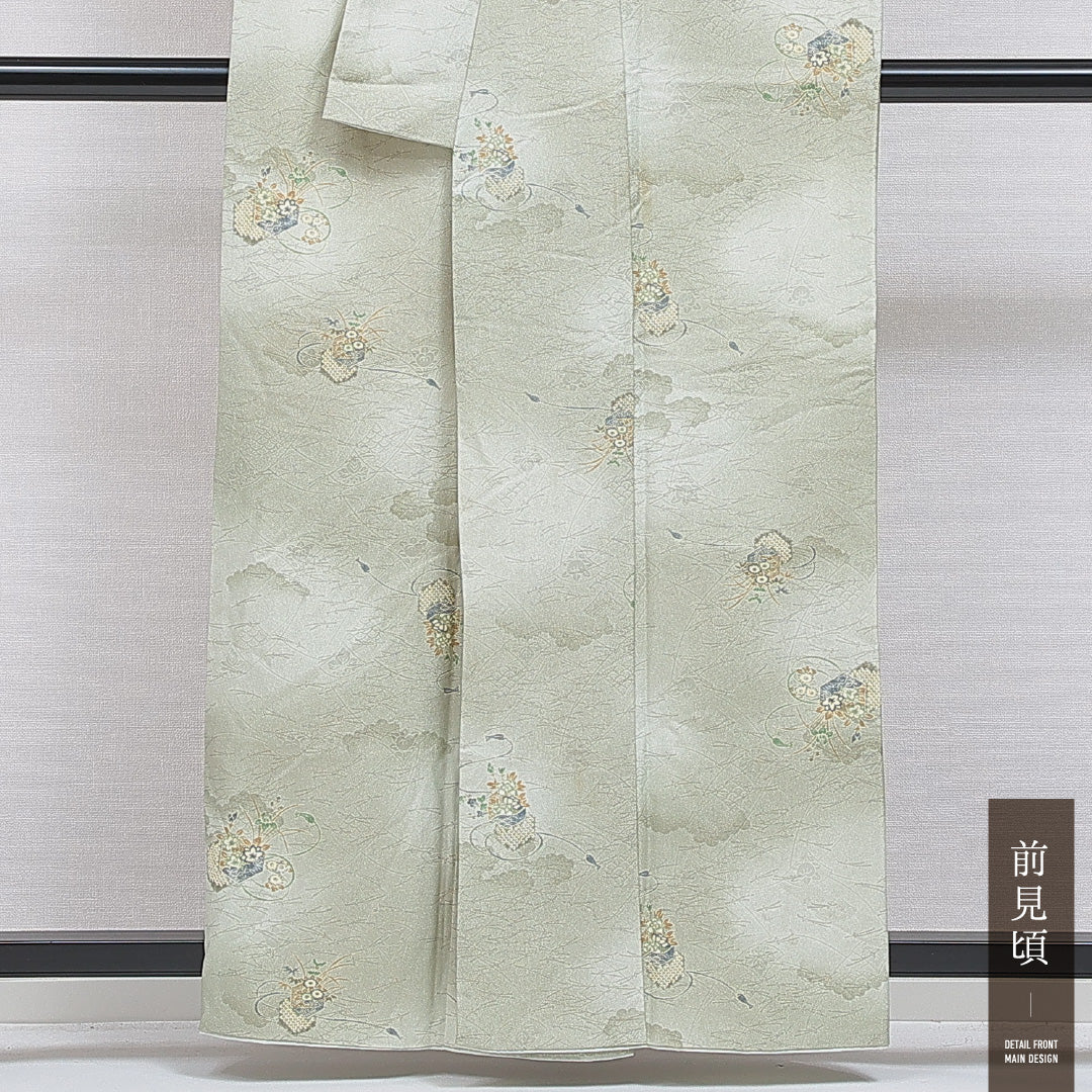 小紋 洗える着物 袷 身丈159cm 裄丈64cm ポリエステル Sランク Mサイズ 広衿 インフォーマル 雲取り 亀甲 緑系 1215-16274