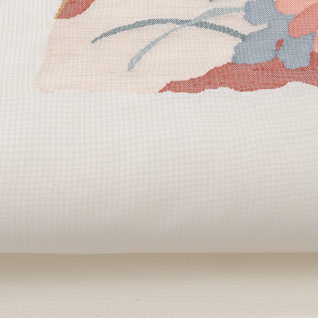 未使用品 袋帯(紬) 帯丈428cm 正絹 ポイント柄 帯芯なし カジュアル 牡丹 菊 クリーム系 1243-02237