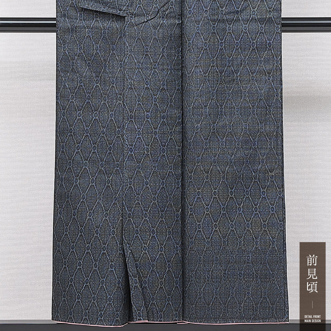 紬 袷 身丈151cm 裄丈65cm 正絹 Cランク カジュアル 広衿 Sサイズ 蜀江 紺系 HP 1223-15095