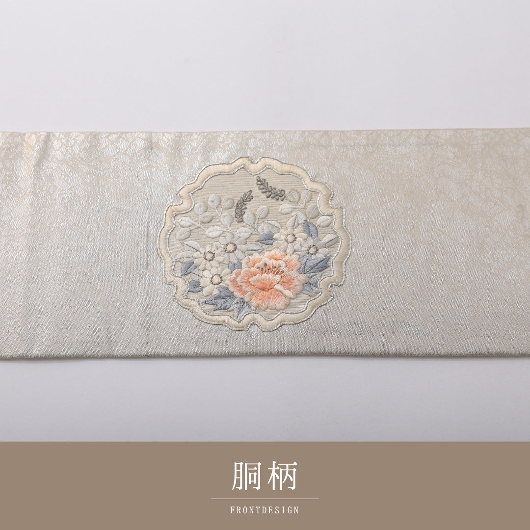 九寸名古屋帯 帯丈358cm セミフォーマル 名古屋仕立て ポイント柄 Cランク 正絹 雪輪 牡丹 銀系 1224-03646