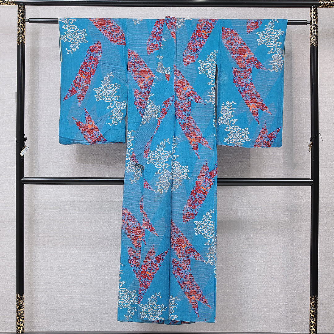 アンティーク 紬 袷 身丈145cm 裄丈62cm 正絹 Cランク バチ衿 XSサイズ 染め紬 五三桐 水色系 M4 1223-16748