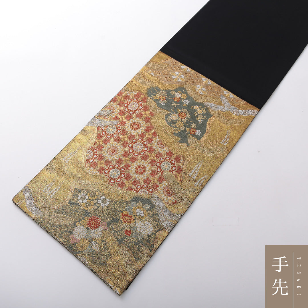 袋帯 帯丈440cm フォーマル 全通 Sランク 正絹 菊 紅葉 金系 1223-02069