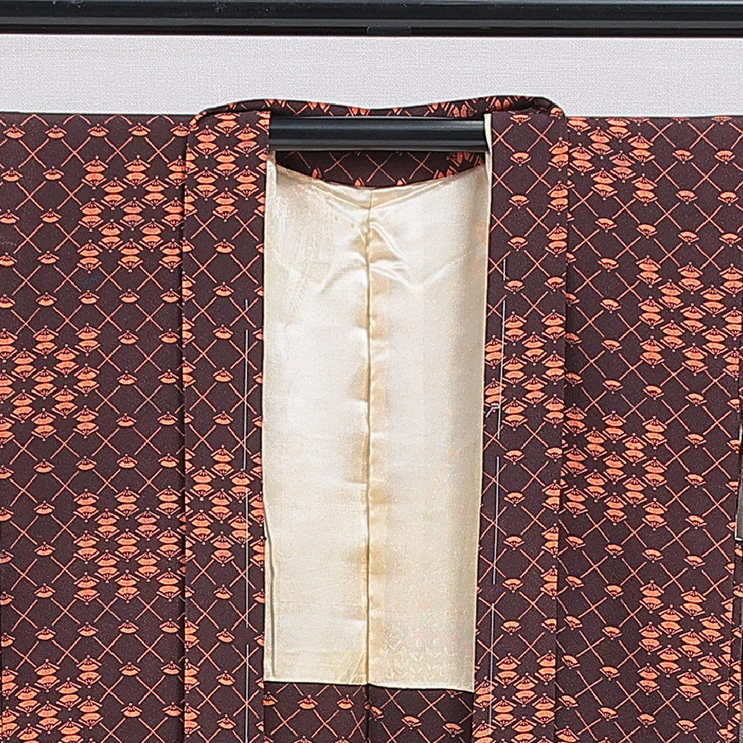羽織 袷 身丈78cm 裄丈63cm 正絹 Bランク カジュアル Sサイズ 扇 茶系 HP 1232-16190