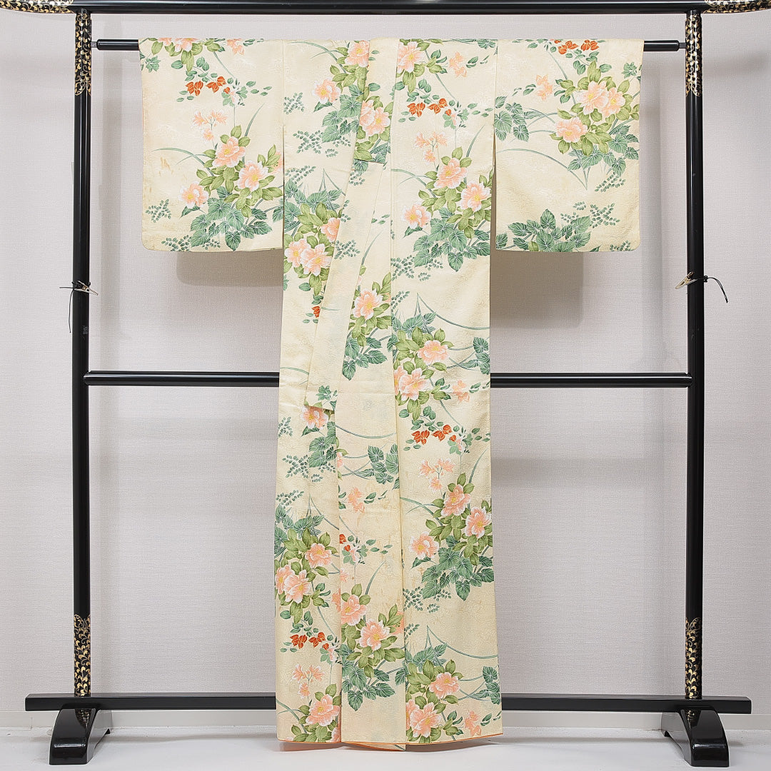 小紋 洗える着物 袷 身丈160cm 裄丈64cm ポリエステル Cランク Lサイズ バチ衿 インフォーマル 椿 クリーム系 1215-15839