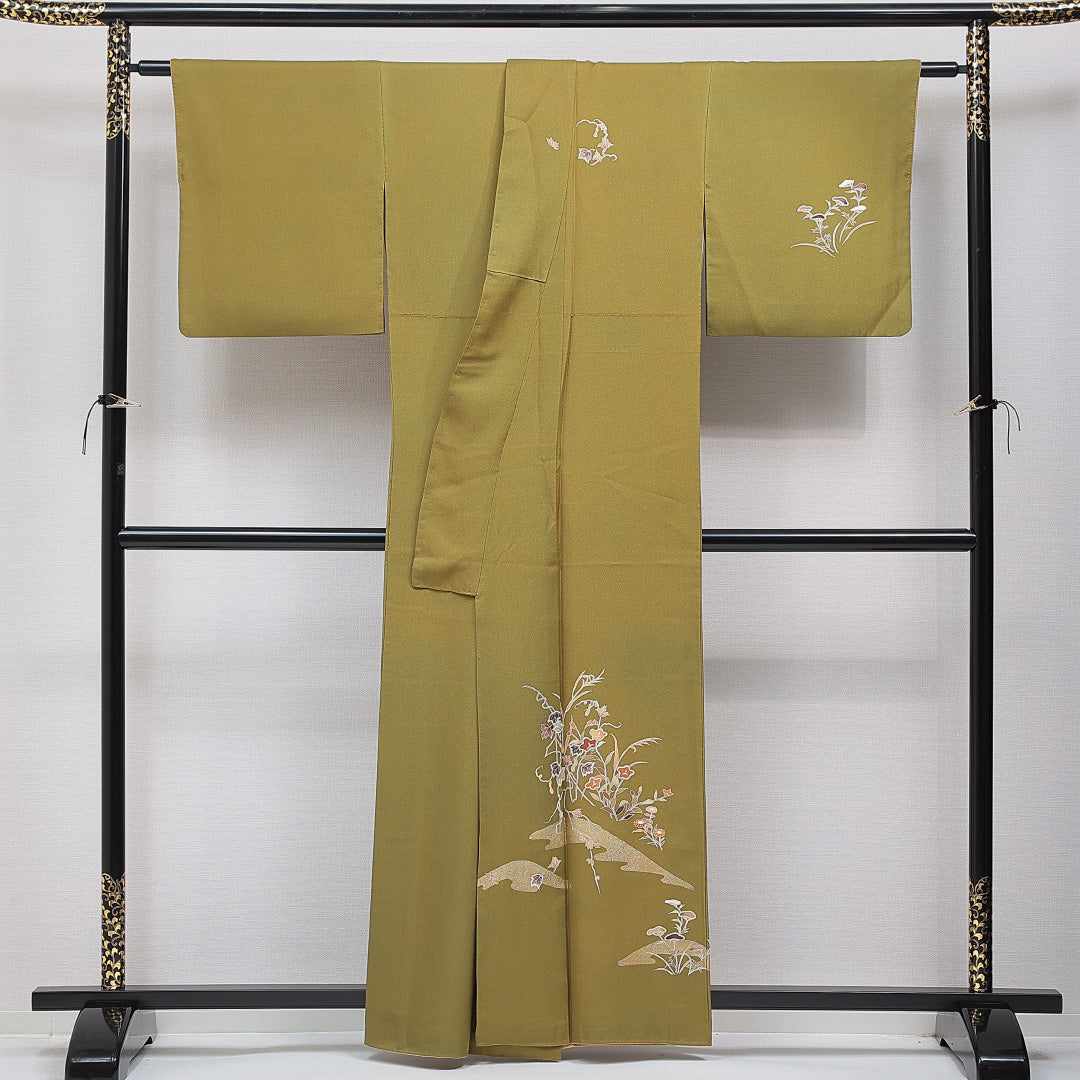 訪問着 袷 身丈158cm 裄丈64cm 正絹 Aランク セミフォーマル 広衿 Mサイズ 朝顔 緑系 RP 1217-15341
