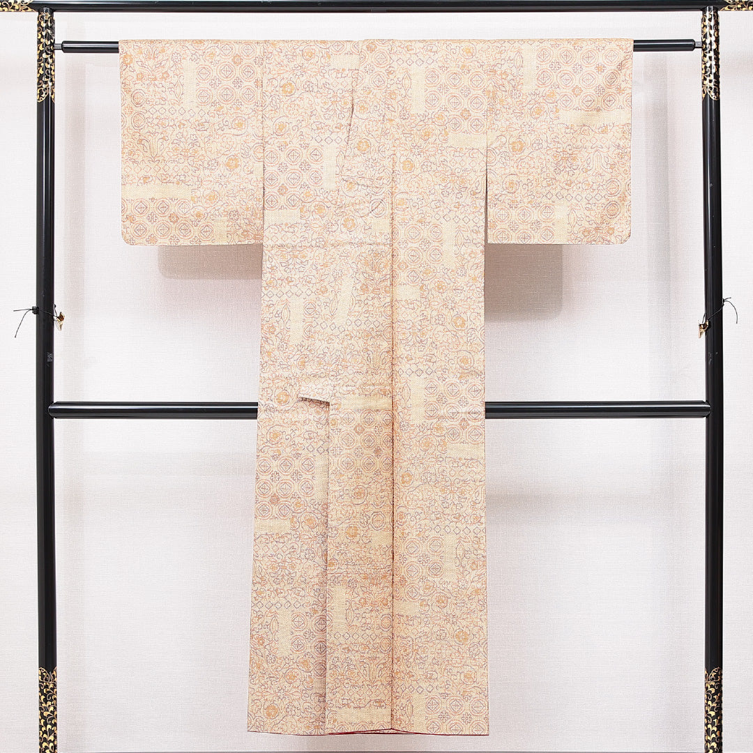 紬 袷 身丈146cm 裄丈58cm 正絹 Sランク カジュアル 広衿 XSサイズ 花柄 クリーム系 RP 1223-15087
