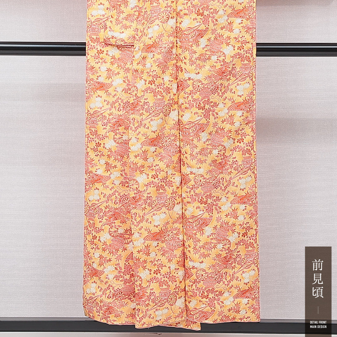 洗える着物 小紋 袷 身丈151cm 裄丈62cm ポリエステル Aランク インフォーマル バチ衿 Sサイズ 御所車 朱系 HP 1221-15826