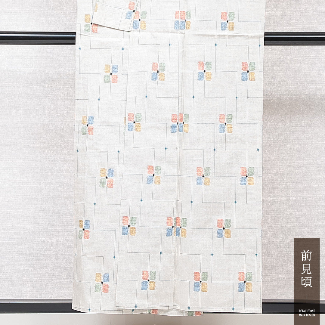 紬 単衣 身丈153cm 裄丈63cm 正絹 Sランク カジュアル 広衿 Sサイズ 居敷当て 肩当て 花柄 白系 RP 1223-15337