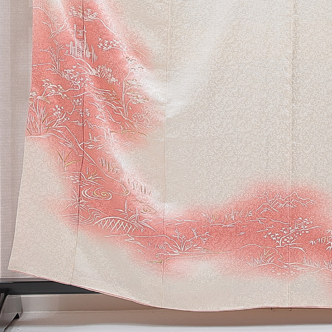 訪問着 袷 身丈159cm 裄丈62cm 正絹 Cランク セミフォーマル 広衿 Mサイズ 刺繍 松 白系 LP 1217-15349