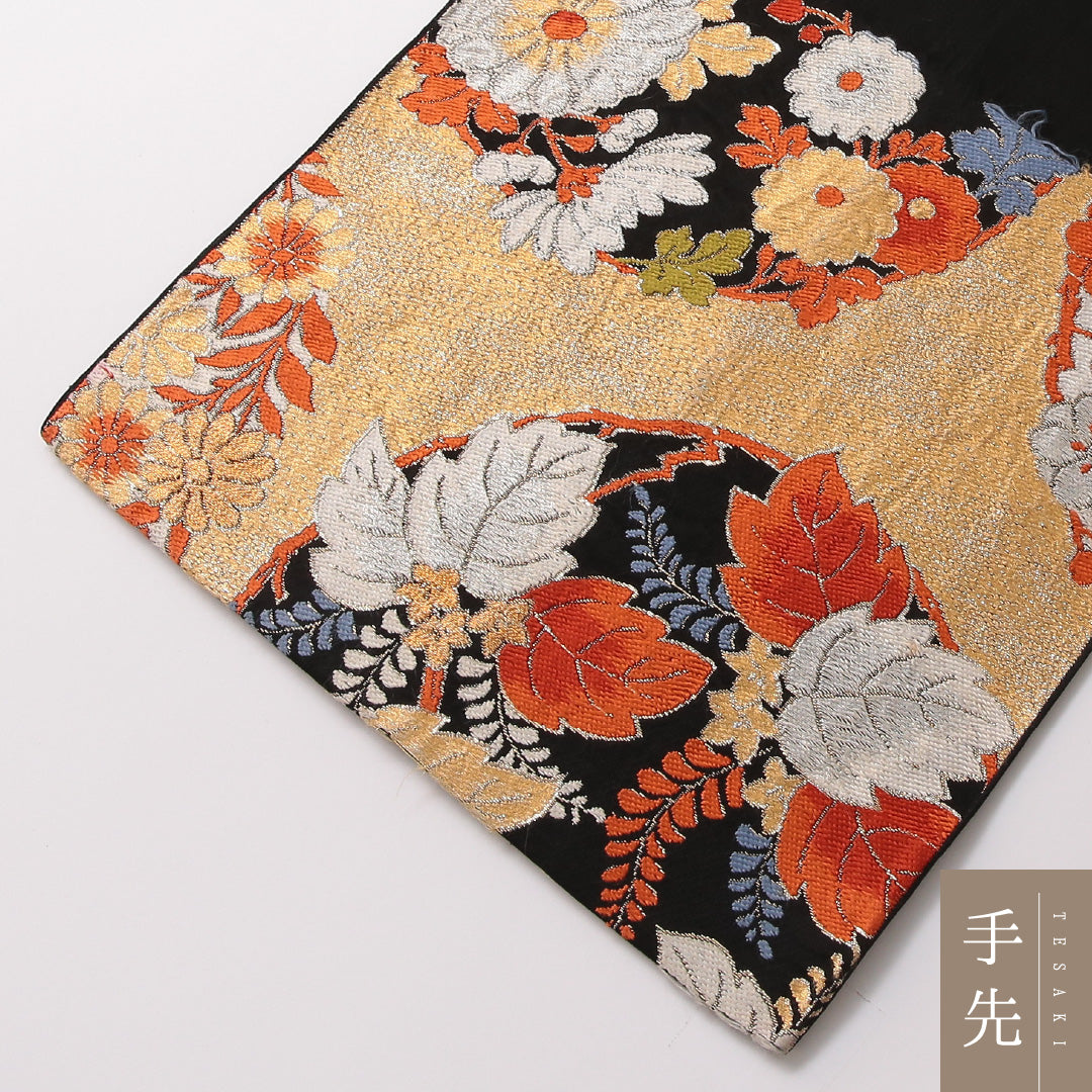 アンティーク 袋帯 帯丈400cm 六通 Bランク 正絹 菊 桐 金系 1223-01871