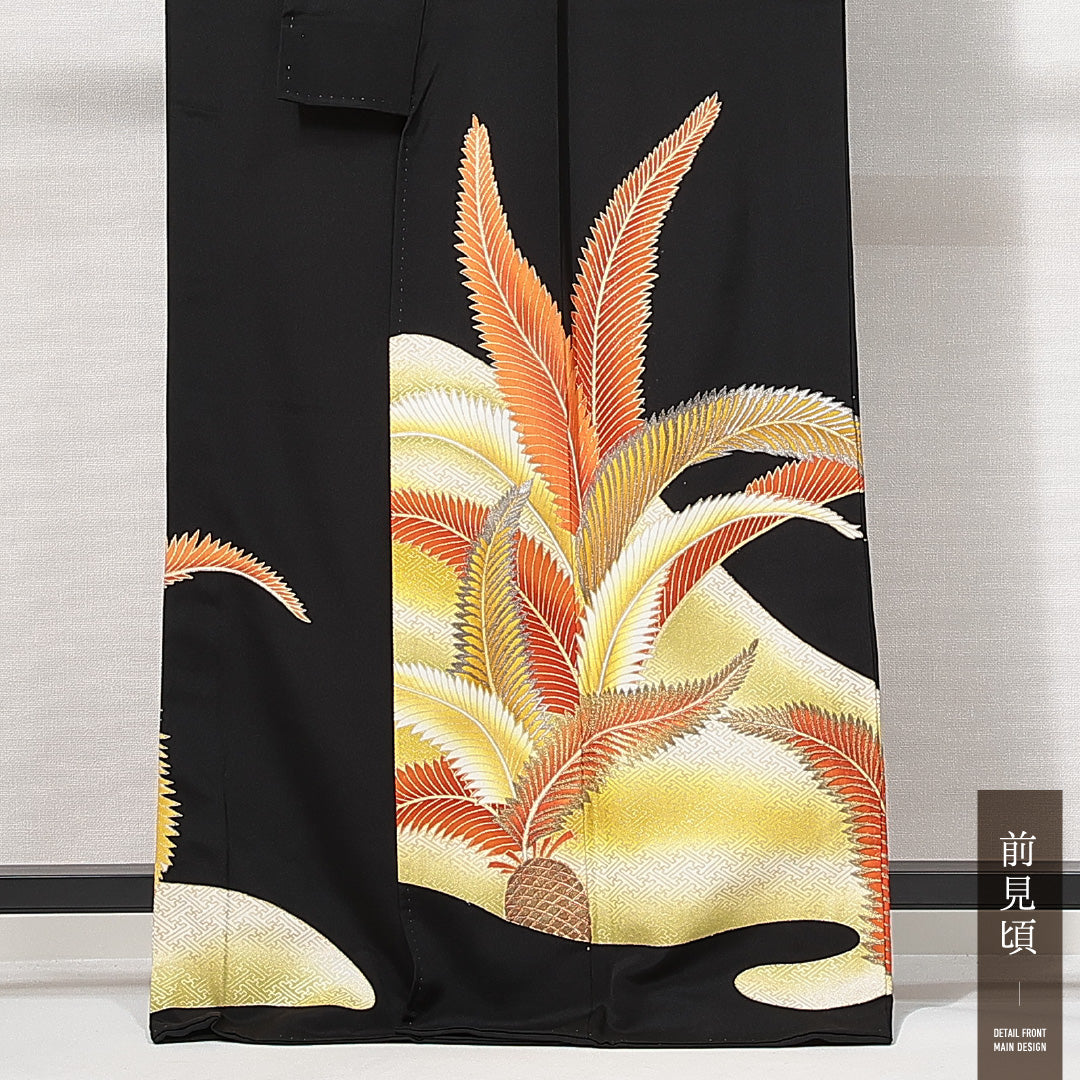 黒留袖 袷 身丈165cm 裄丈63cm 三つ紋 五三桐 フォーマル Sランク XLサイズ 正絹 広衿 植物柄 1211-F0633