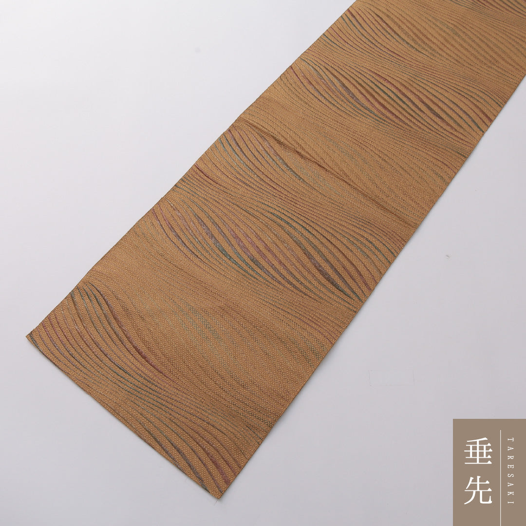 八寸名古屋帯 帯丈347cm カジュアル 名古屋仕立て 全通 Sランク 正絹 創作柄 茶系 黄系 1224-03296