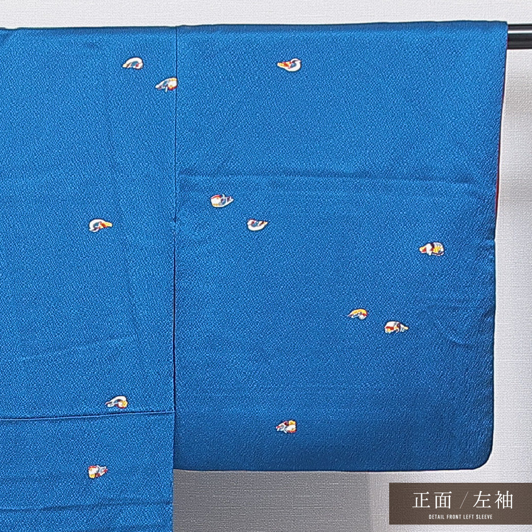 小紋 袷 身丈152cm 裄丈60cm 正絹 Sランク Sサイズ 広衿 インフォーマル 鴛鴦 青系 1215-15903