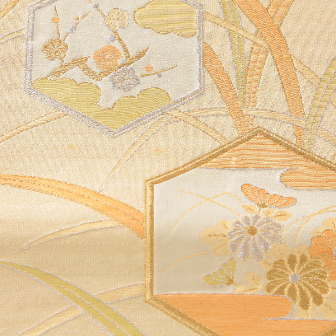 袋帯 帯丈416cm フォーマル 六通 Aランク 正絹 亀甲 菊 黄系 クリーム系 1223-02291