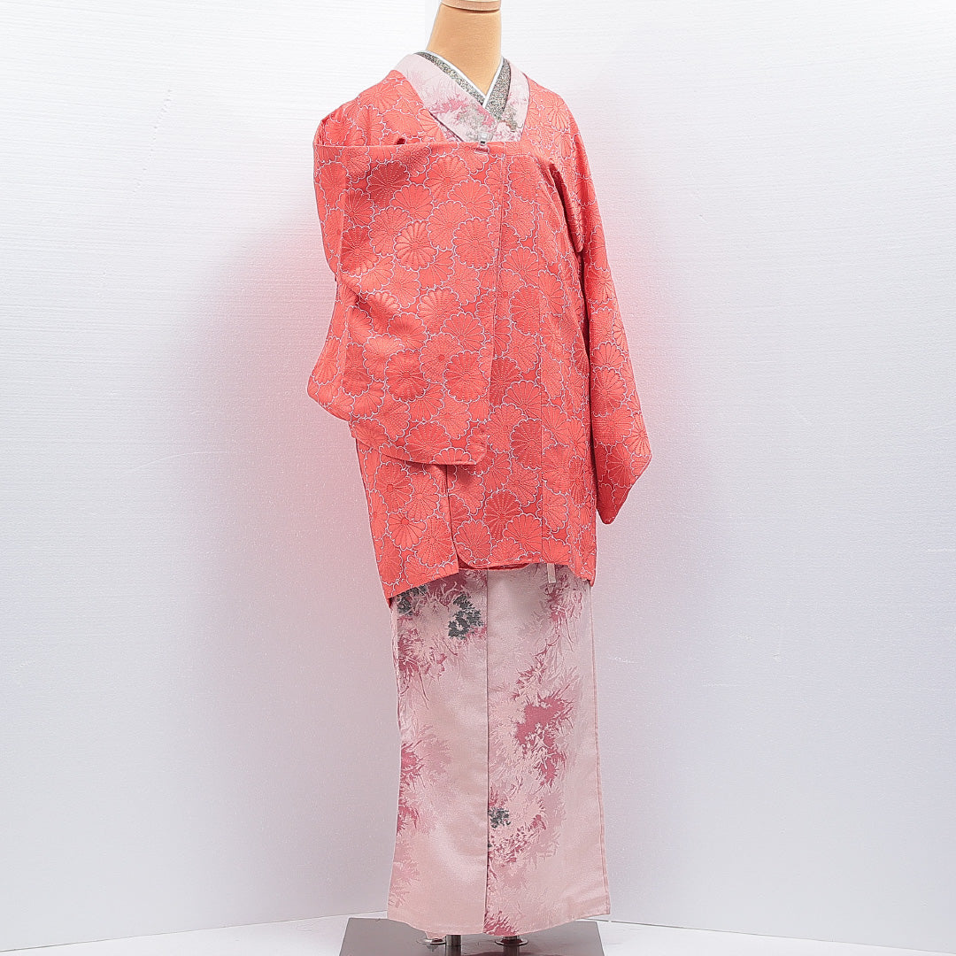 道行コート 袷 身丈86cm 裄丈64cm 正絹 Sランク セミフォーマル Mサイズ ポケットあり 菊 古典的 鮮やか 朱系 HP 1237-16161