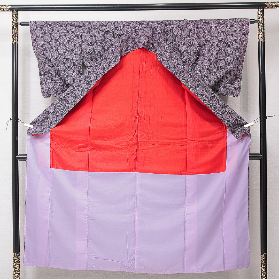 アンティーク 紬 袷 身丈153cm 裄丈62cm 正絹 Aランク バチ衿 Sサイズ 紺系 RP 1223-15222