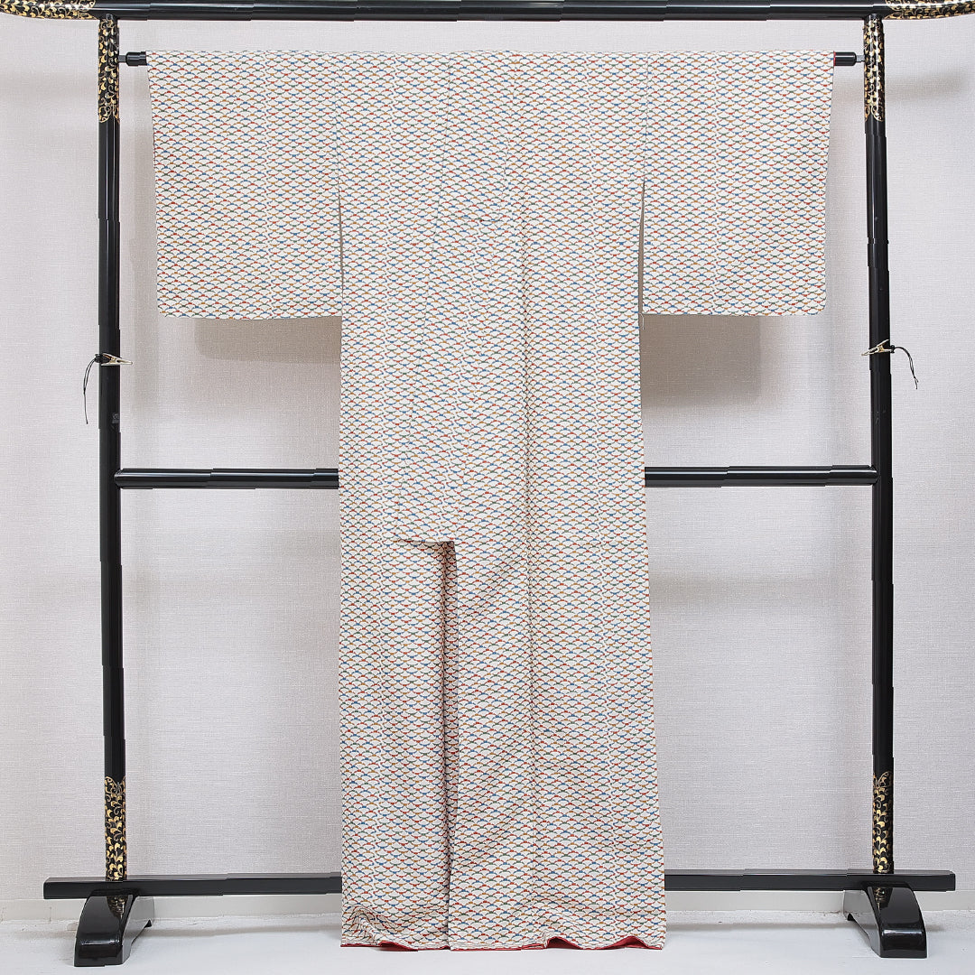洗える着物 小紋 袷 身丈167cm 裄丈66cm ポリエステル Sランク インフォーマル 広衿 XLサイズ 雪輪 クリーム系 RP 1221-15983