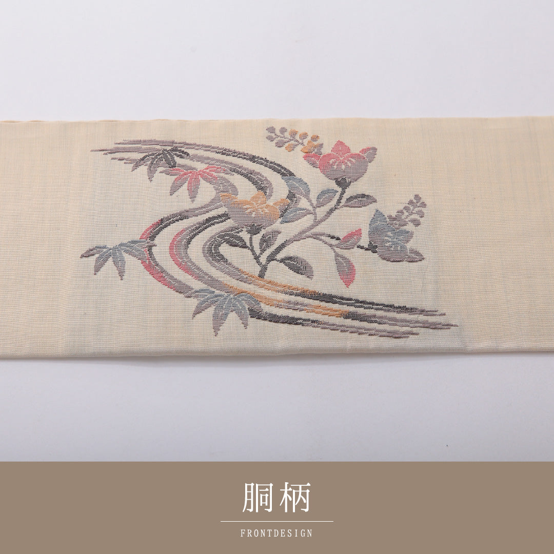 九寸名古屋帯 帯丈350cm セミフォーマル 名古屋仕立て ポイント柄 Cランク 正絹 蝶 流水 花柄 クリーム系 1224-03608