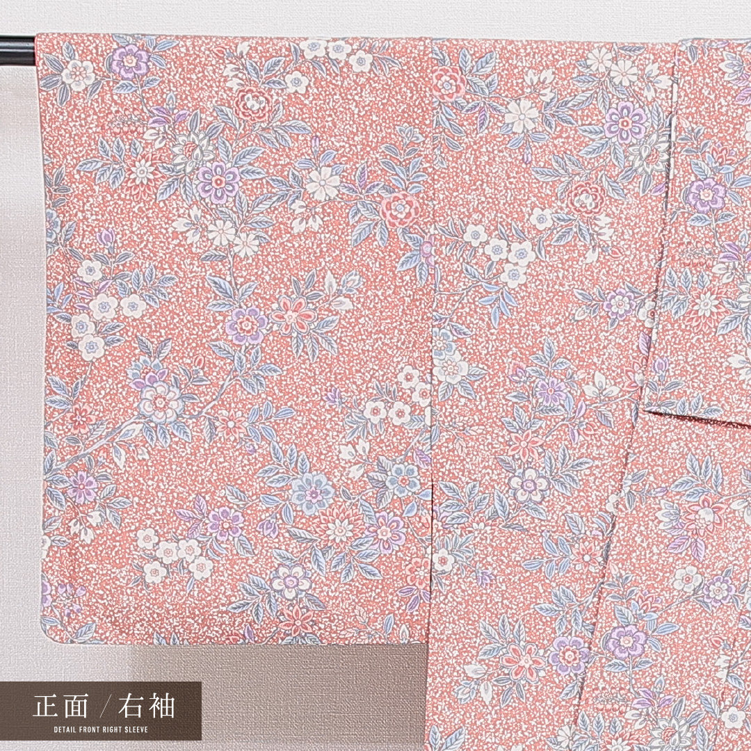洗える着物 小紋 袷 身丈158cm 裄丈62cm ポリエステル Sランク インフォーマル 広衿 Mサイズ 花柄 ピンク系 RP 1221-16436
