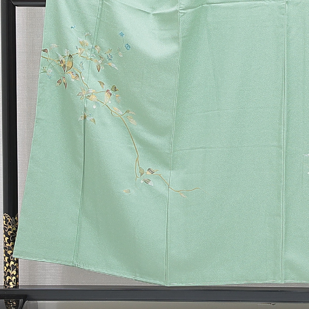 付下げ 袷 身丈153cm 裄丈61cm 正絹 Sランク Sサイズ 広衿 一つ紋 セミフォーマル 花柄 ぼかし染 刺繍 落款 緑系 1261-15905