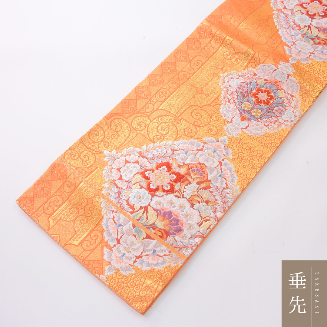 袋帯 帯丈428cm 西方煌秀華文 フォーマル 六通 Sランク 正絹 宝相華 ピンク系 金系 1223-02243