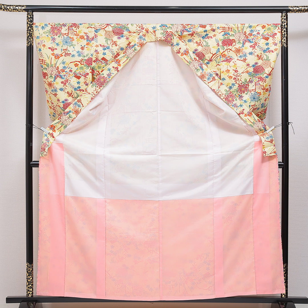 洗える着物 小紋 袷 身丈162cm 裄丈66cm ポリエステル Sランク インフォーマル バチ衿 Lサイズ 蝶 菊 菖蒲 黄系 RP 1221-15996