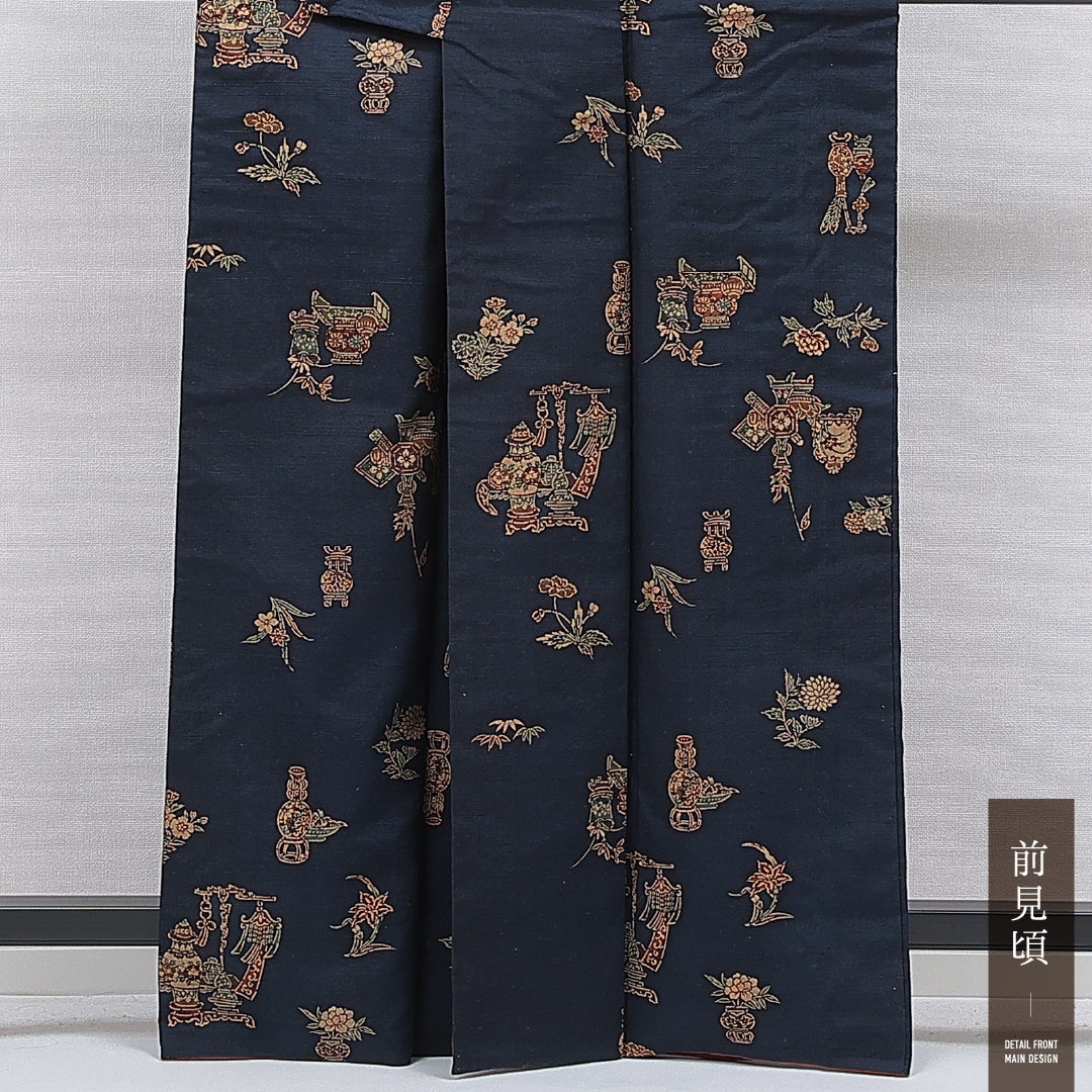 小紋 袷 身丈163cm 裄丈64cm 正絹 Aランク インフォーマル 広衿 Lサイズ 染め紬 花瓶 紺系 RP 1221-16656