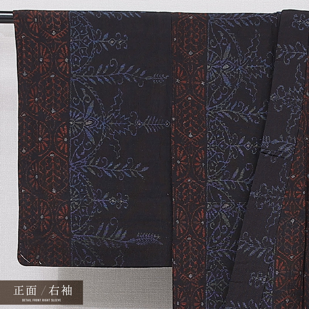 紬 単衣 身丈155cm 裄丈62cm 正絹 Sランク Mサイズ バチ衿 カジュアル 創作柄 茶系 1216-15666