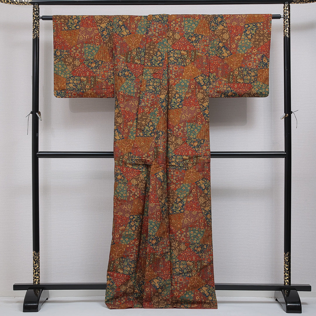 洗える着物 小紋 袷 身丈167cm 裄丈66cm ポリエステル Sランク インフォーマル 広衿 XLサイズ 更紗 多色系 RP 1221-16090