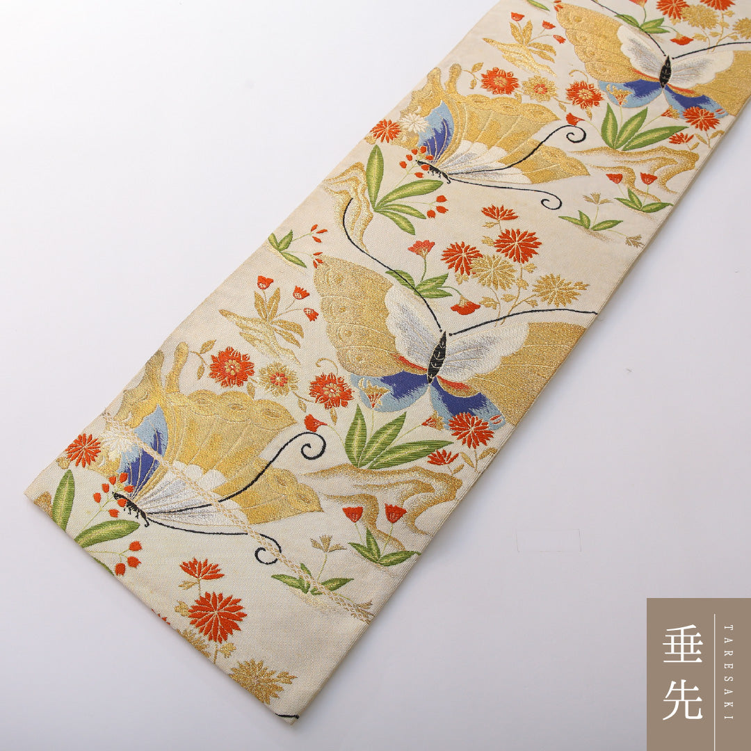 袋帯 帯丈428cm 正絹 六通 フォーマル 蝶 吉祥文様 クリーム系 1243-02049