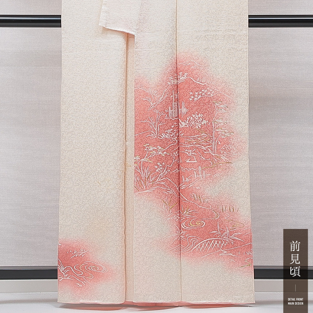 訪問着 袷 身丈159cm 裄丈62cm 正絹 Cランク セミフォーマル 広衿 Mサイズ 刺繍 松 白系 LP 1217-15349