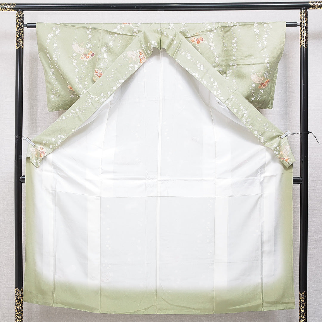 小紋 袷 身丈152cm 裄丈61cm 正絹 Sランク Sサイズ 広衿 インフォーマル ちりめん 山 証紙 緑系 1215-15907