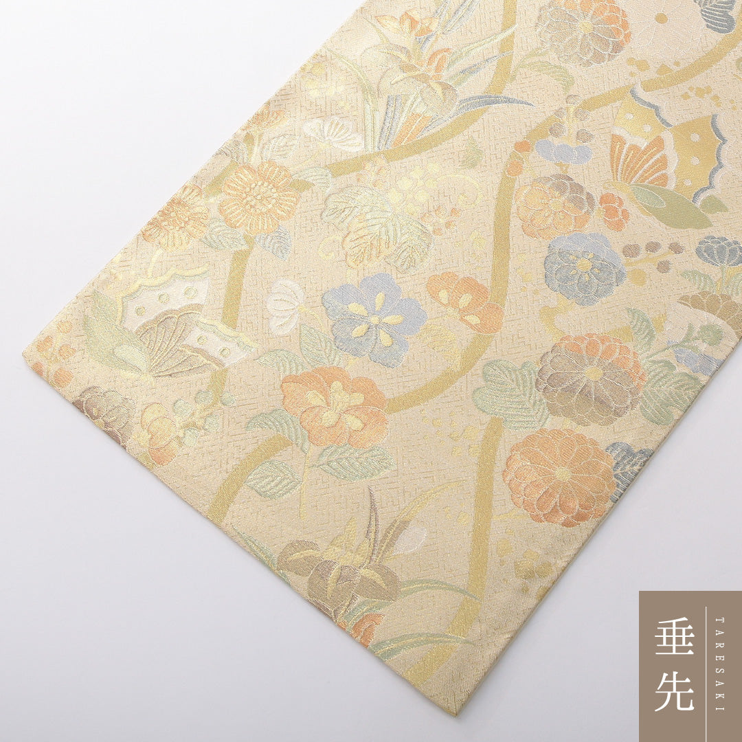 袋帯 帯丈436cm 正絹 六通 フォーマル 四季草花 立涌 桐 蝶 クリーム系 1243-02104