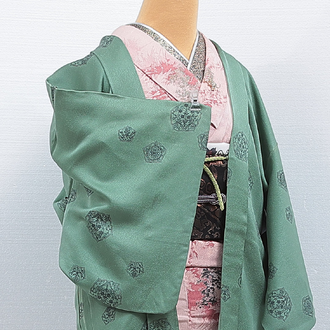 羽織 袷 身丈73cm 裄丈61cm 正絹 Bランク カジュアル Sサイズ 紐あり 鏡裏文 緑系 RP 1232-16119