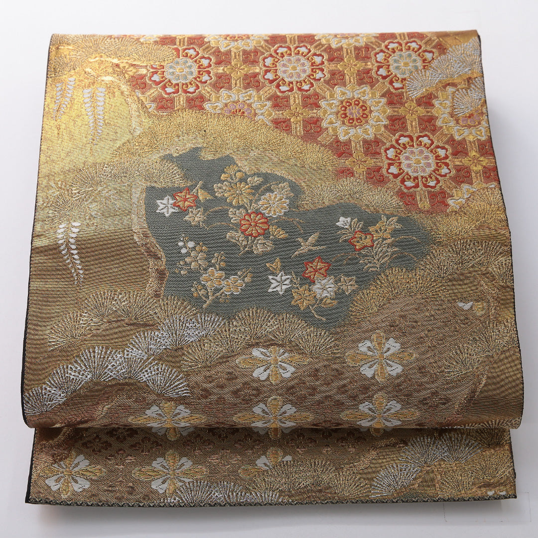 袋帯 帯丈440cm フォーマル 全通 Sランク 正絹 菊 紅葉 金系 1223-02069