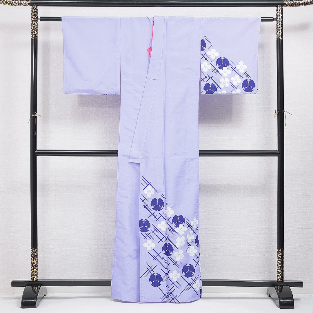 付下げ 洗える着物 単衣 身丈161cm 裄丈63cm ポリエステル Cランク Lサイズ バチ衿 インフォーマル 花柄 創作柄 紫系 1261-16301