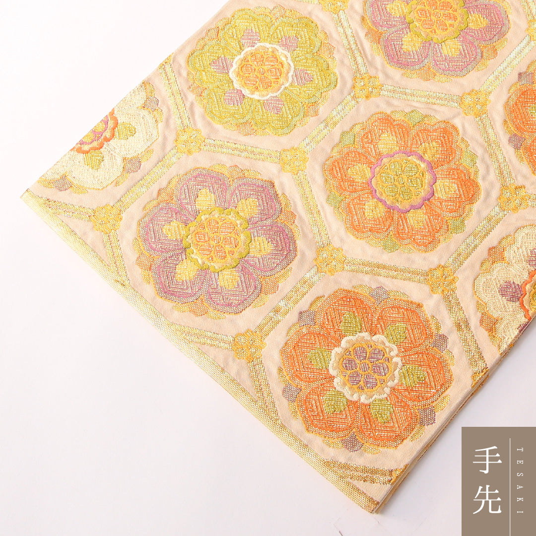 袋帯 帯丈412cm 正絹 六通 フォーマル 宝相華 亀甲 金系 1243-01764