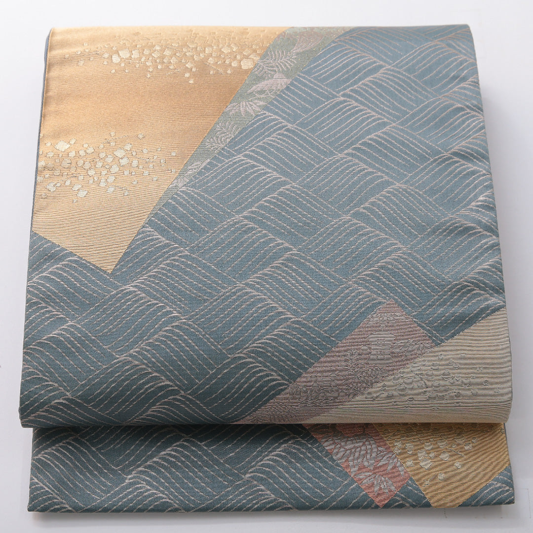 袋帯 帯丈436cm フォーマル 六通 Sランク 正絹 創作柄 青系 1223-02070