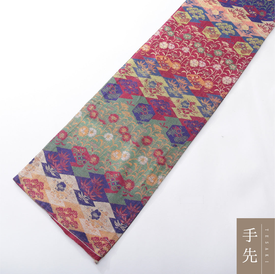 アンティーク 九寸名古屋帯 帯丈376cm 開き仕立て 全通 Dランク 正絹 蒲公英 吉祥文様 多色系 1224-03884