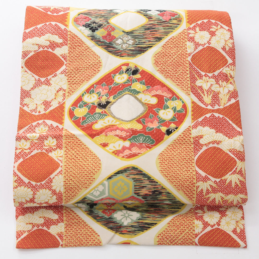 アンティーク 九寸名古屋帯 帯丈321cm 名古屋仕立て 全通 Aランク 正絹 染め帯 刺繍 花菱 橘 朱系 1224-03977