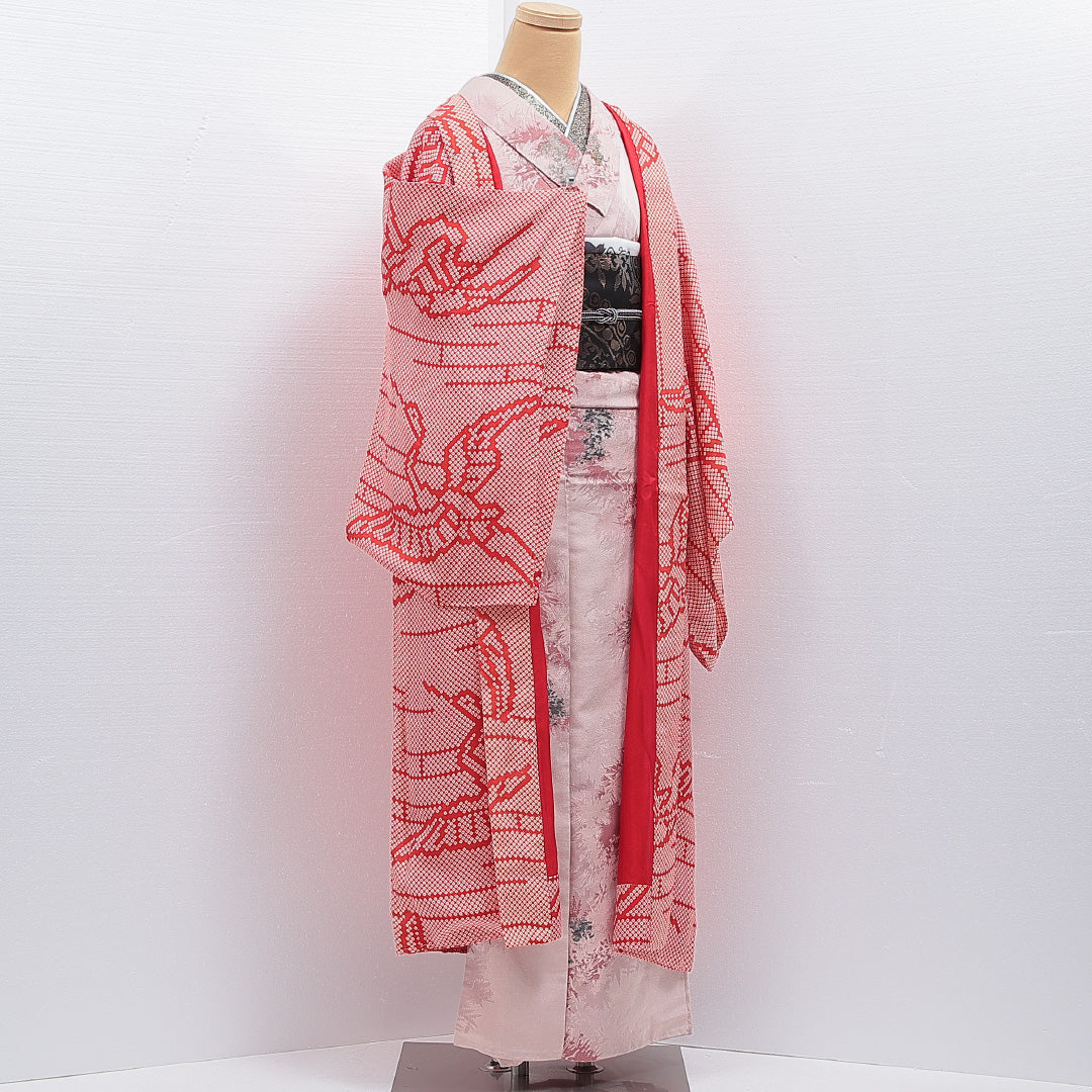 アンティーク 羽織 袷 身丈124cm 裄丈61cm 正絹 Aランク Sサイズ 鹿の子 鶴 赤系 1217-16186