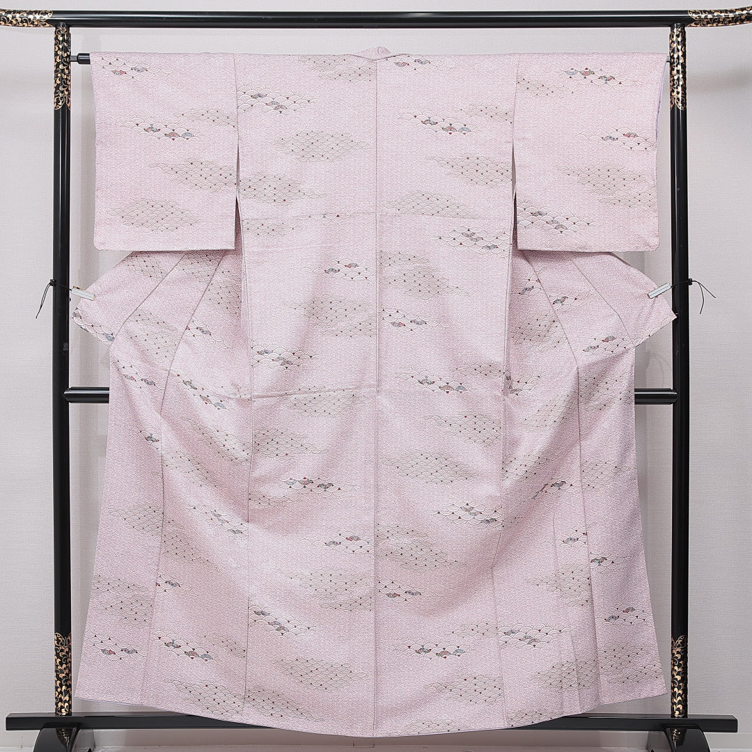 小紋 洗える着物 袷 身丈159cm 裄丈64cm ポリエステル Sランク Mサイズ 広衿 インフォーマル 青海波 紫系 1215-15789