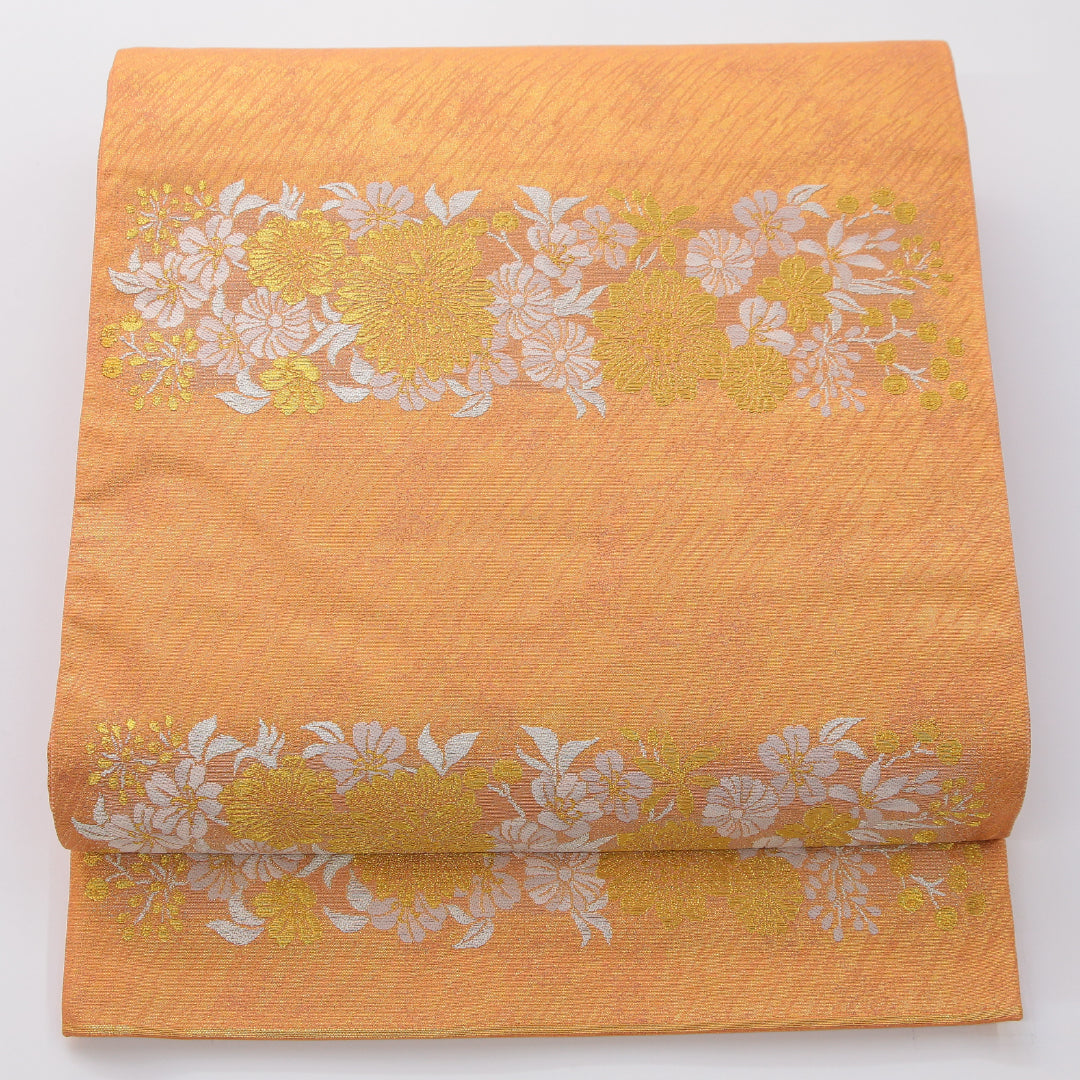 袋帯 帯丈448cm セミフォーマル ポイント柄 Aランク 正絹 菊 金系 朱系 1223-02331