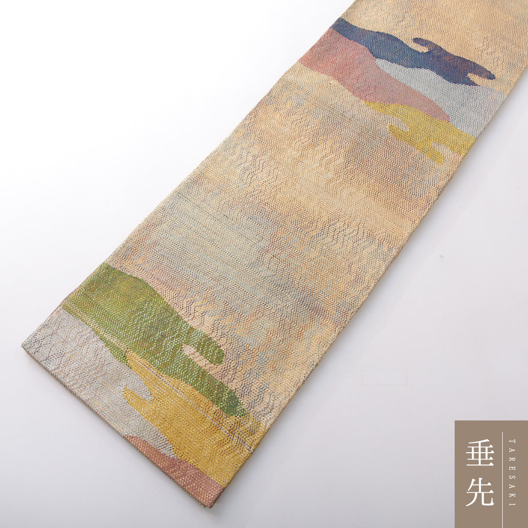 袋帯 帯丈428cm 正絹 ポイント柄 セミフォーマル 雲取り クリーム系 1243-02083