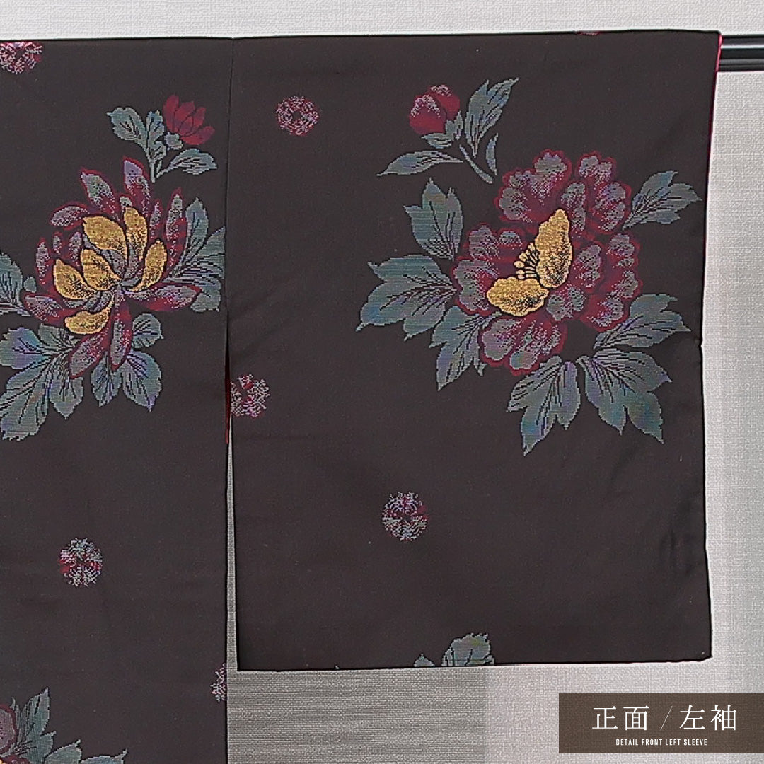 アンティーク お召 袷 身丈151cm 裄丈62cm 正絹 Bランク バチ衿 Sサイズ 花柄 茶系 M4 1222-15145