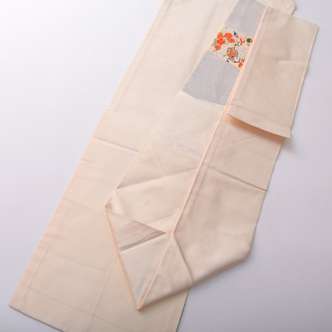 九寸名古屋帯 帯丈361cm セミフォーマル 名古屋仕立て ポイント柄 Aランク 正絹 菊 銀系 1224-03485