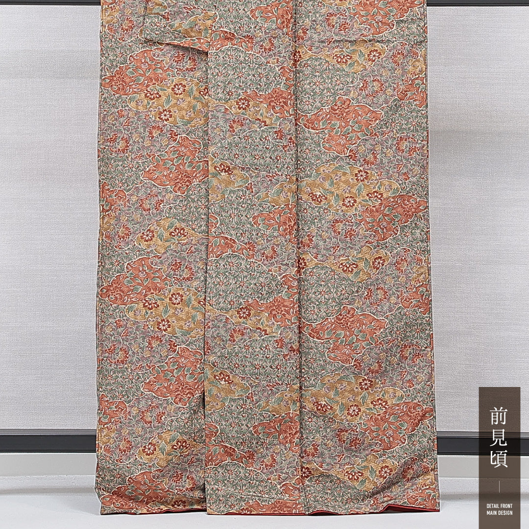 小紋 洗える着物 袷 身丈165cm 裄丈67cm ポリエステル Sランク XLサイズ 広衿 インフォーマル 花柄 多色系 茶系 1215-15799