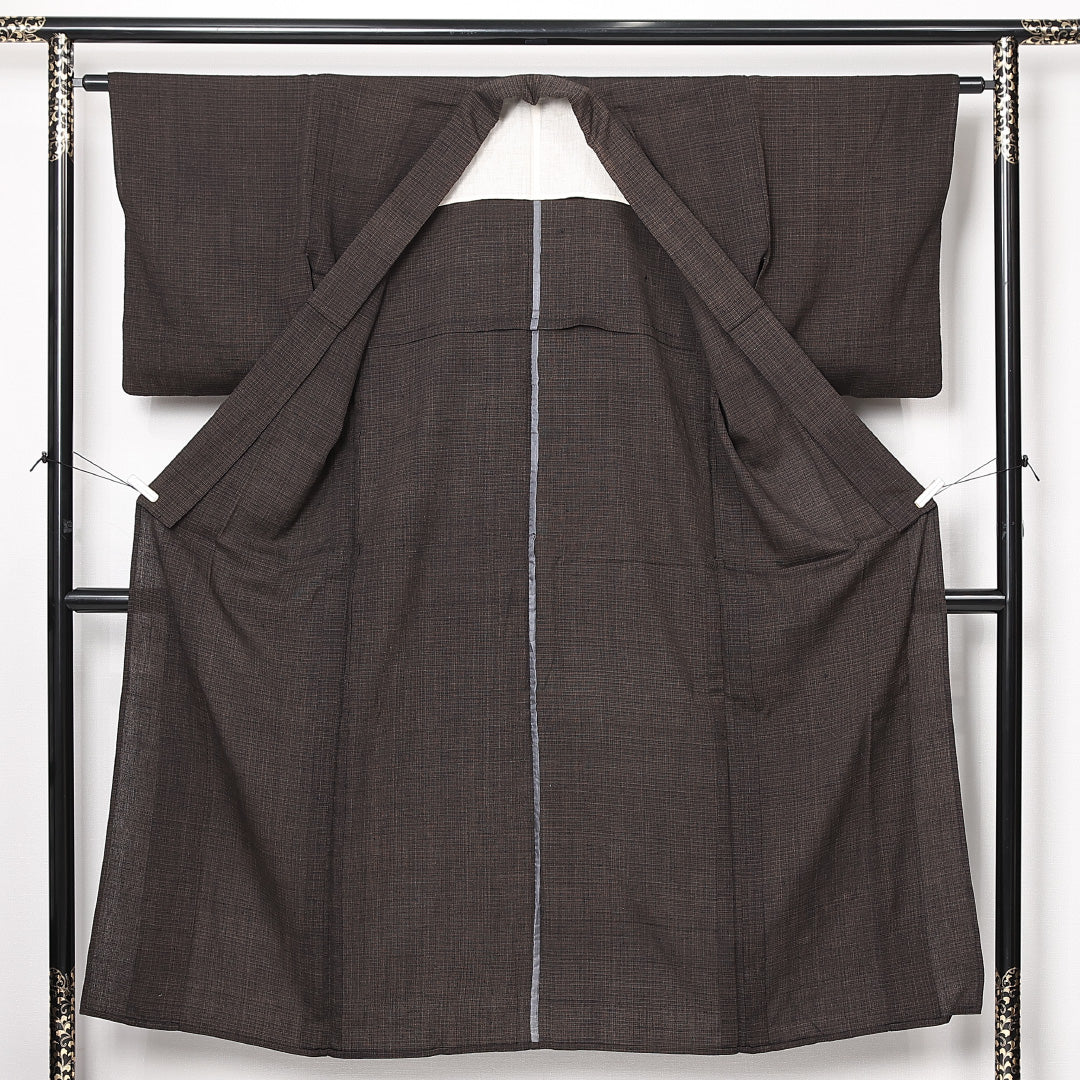 アンティーク 木綿の紬(書生絣) 洗える着物 単衣 身丈150cm 裄丈63cm 木綿 Cランク Sサイズ 棒衿 肩当て 格子 茶系 1216-13078