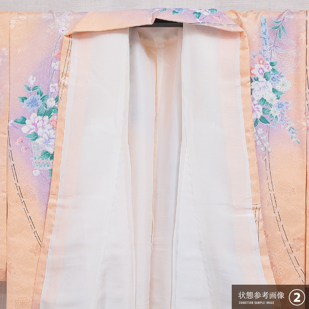 洗える着物 小紋 袷 身丈158cm 裄丈62cm ポリエステル Aランク インフォーマル 広衿 Mサイズ 雲取り 牡丹 朱系 RP 1221-16107